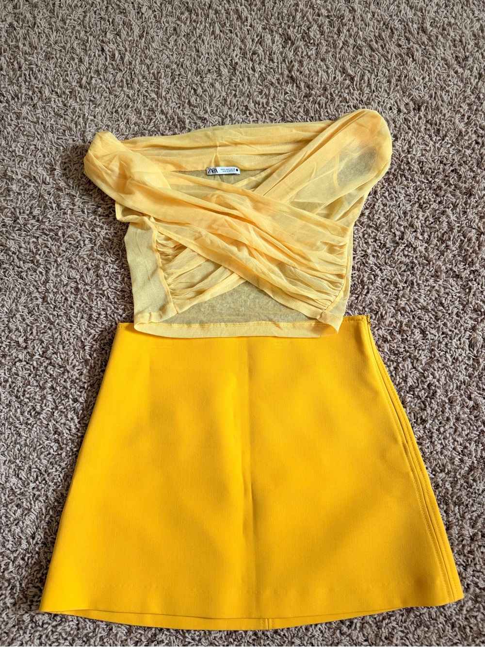 Zara Yellow Sheer Ruched Crop Top with Bright Yellow A-Line Skirt